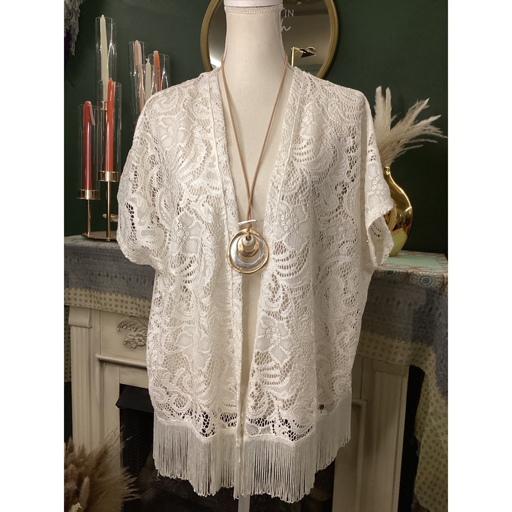 Abercrombie & Fitch White Floral Lace Fringe Kimono Wrap One Size Boho Cardigan‎
